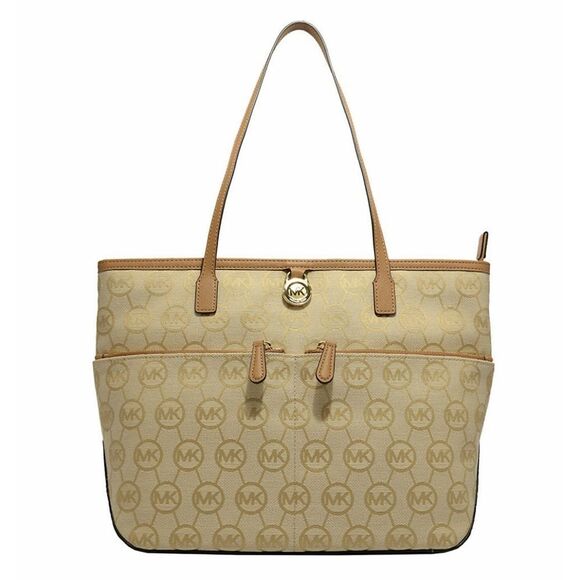 New! MICHAEL KORS MK Logo Monogram Medium Tote Handbag Bag Color Beige/Camel/Tan - Picture 1 of 4